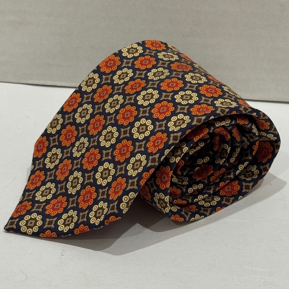 Gorsart‎ Clothes Silk Tie Mens OS Navy Orange Ornate Geometric Medallion Formal - Picture 2 of 7